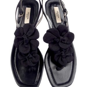 Prada Black Leather Sandals with Black Flowers Size 36.5